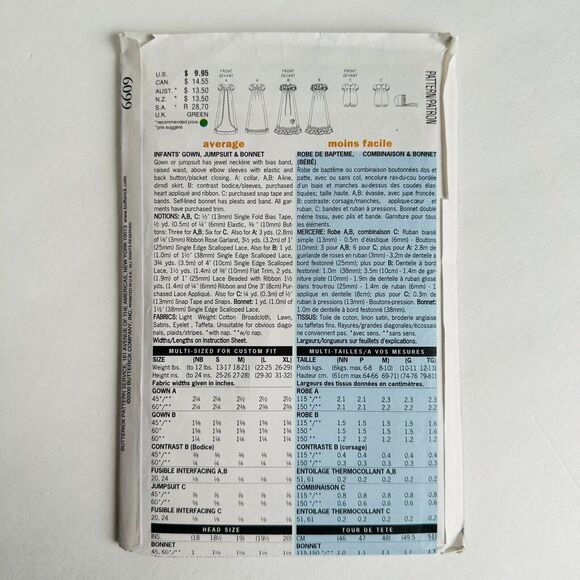 Butterick 6609 Infant Gown Jumpsuit & Bonnet NB-M (Up To 21 lb) UNCUT - Picture 2 of 2